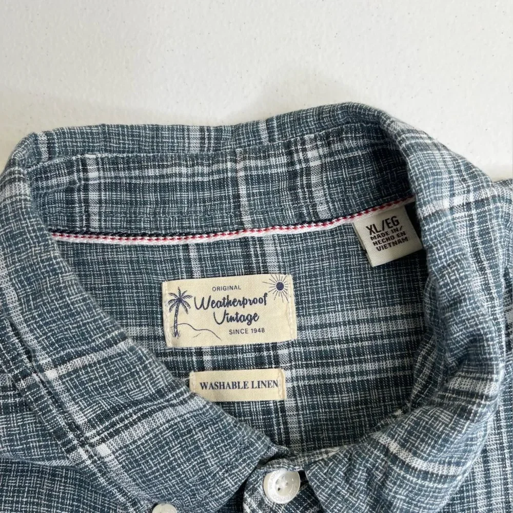 Weatherproof Vintage Linen Blend Blue Plaid Short Sleeve Button Front Men XL